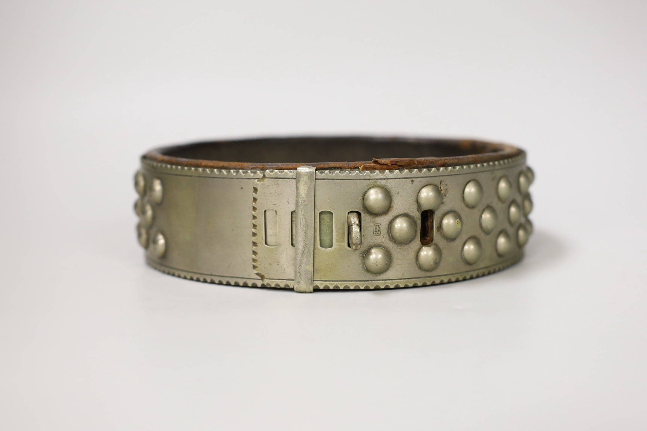 A Victorian nickel studded dog collar engraved 'EMON, MRS KING 9 CASTELLAIN RD. MAIDA VALE', 16.5 cm diameter